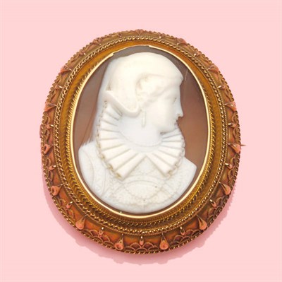 Lot 452 - A Cameo Brooch, the oval shell cameo depicting a lady with Elizabethan style dress, within a...