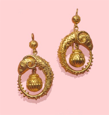 Lot 457 - A Pair of Ram's Head Motif Earrings, in the manner of Castellani, of hoop form with scrollwork...