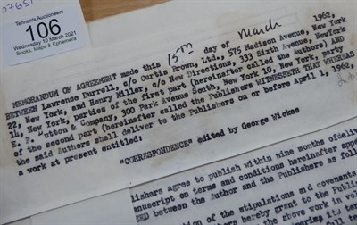 Lot 106 - Durrell (Lawrence) and Miller (Henry)  Typed Memorandum of Agreement between the authors and...