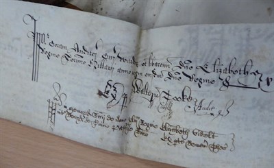 Lot 142 - Elizabeth I Letters Patent, dated 1600, in Latin chancery hand on vellum, with calligraphic...