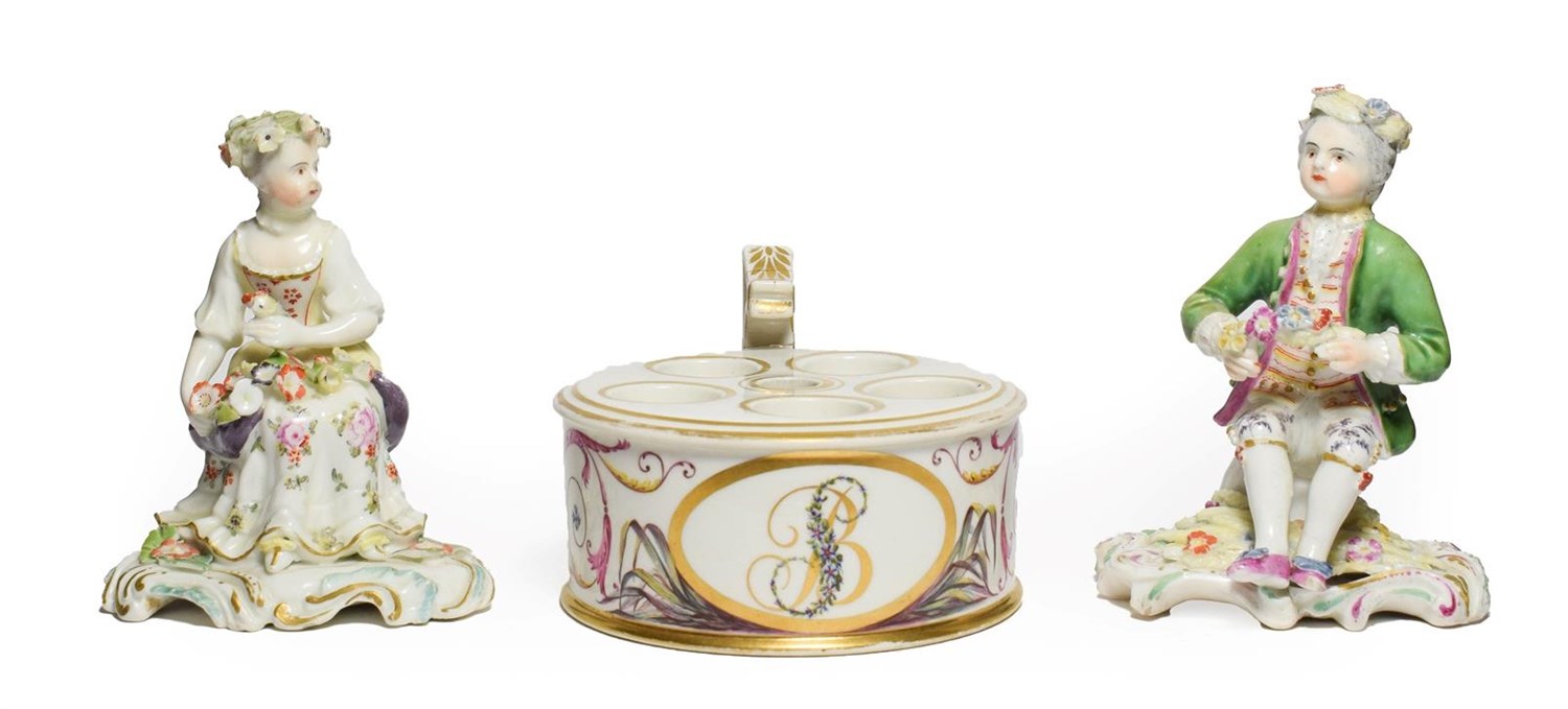 Lot 9 - A Derby Porcelain Inkwell, circa 1780, of drum form with angular handle and central covered...