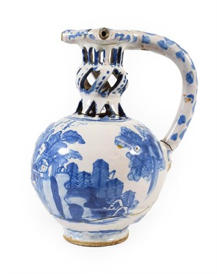Lot 14 - A Dated English Delft Puzzle Jug, London or Brislington, 1670, of ovoid form, the knopped...