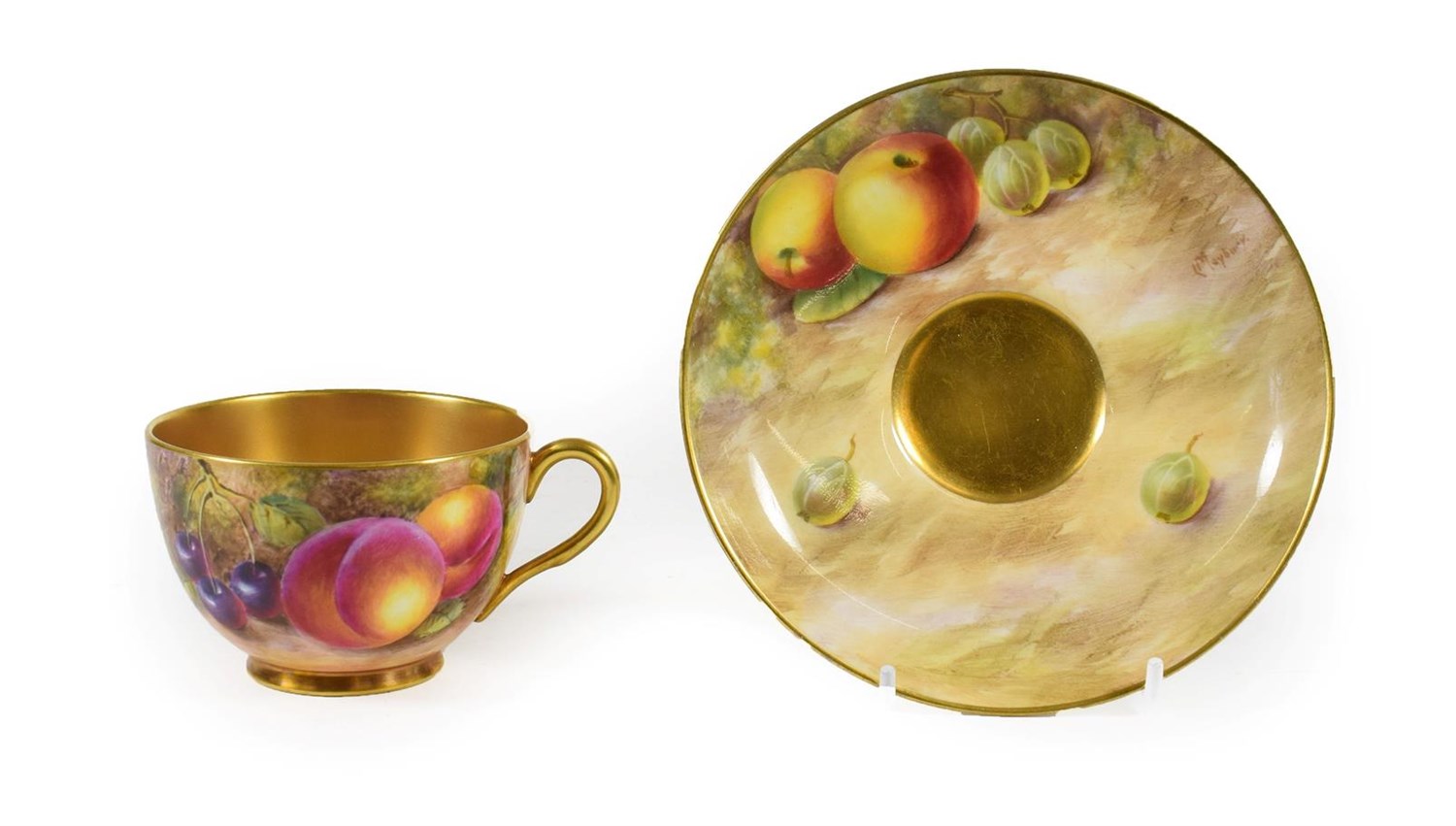 Lot 32 - A Royal Worcester Porcelain Teacup and Saucer, 1952/53, painted with still lives of fruit on a...