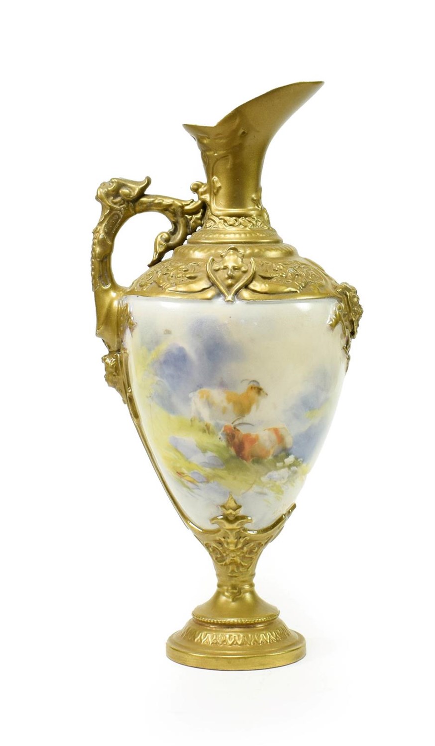 Lot 34 - ^ A Royal Worcester Porcelain Ewer, by Harry Davis, circa 1910, of urn shape with scroll and...