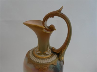 Lot 35 - ^ A Royal Worcester Porcelain Ewer, by Charles White, 1907, of baluster form with leaf sheathed...