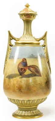 Lot 37 - ^ A Royal Worcester Porcelain Vase and Cover, circa 1905, of baluster form with leaf sheathed...