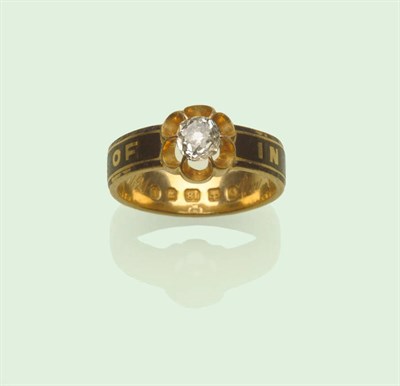 Lot 474 - An 18 Carat Gold Mourning Ring, an old cut diamond in a yellow claw scalloped setting, on a...