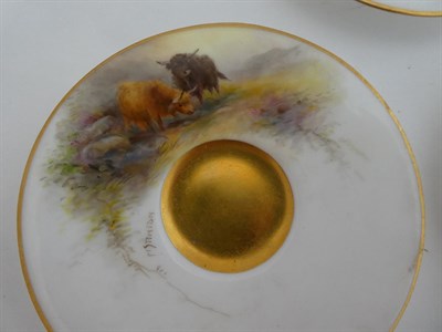 Lot 41 - A Royal Worcester Porcelain Coffee Service, by Harry Stinton, 1919, painted with highland cattle in