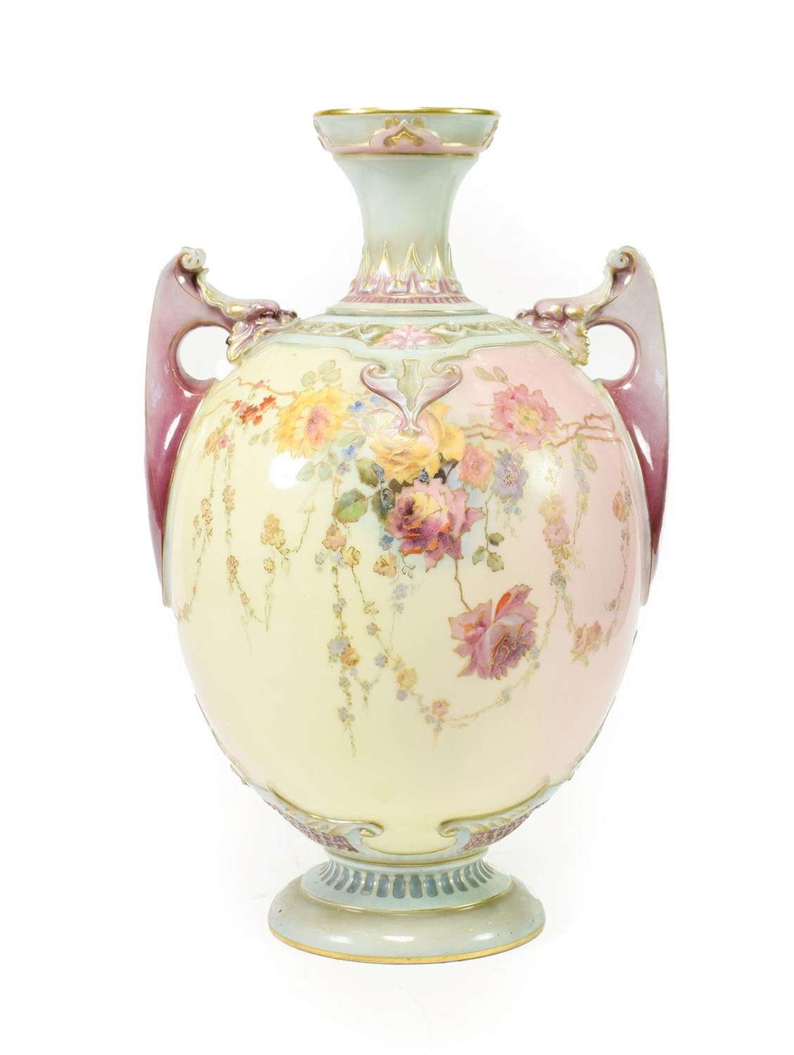 Lot 43 - A Royal Worcester Porcelain Prismatic Enamels Vase, circa 1891, of ovoid form with twin scroll...