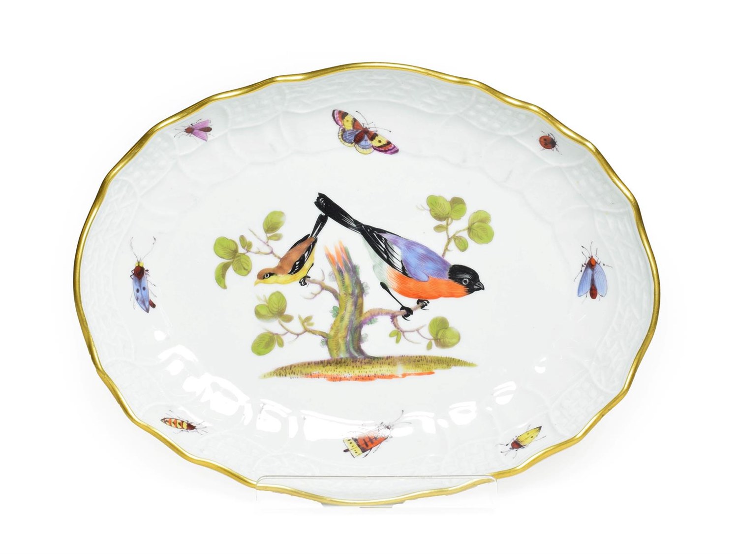 Lot 50 - A Meissen Porcelain Oval Dish, late 19th century, painted with exotic birds in branches and...