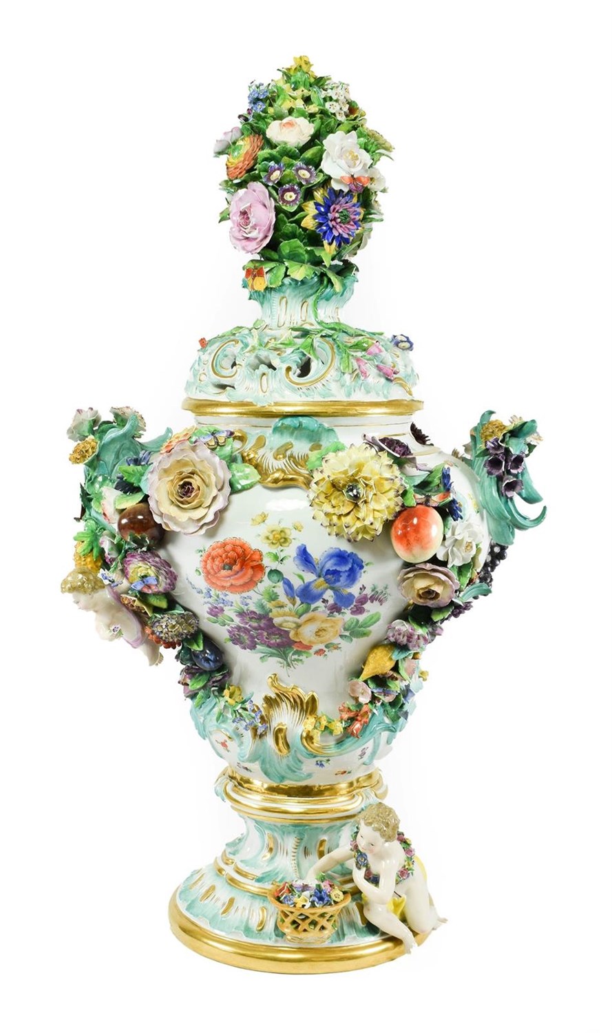 Lot 53 - A Meissen Porcelain Flower Encrusted Vase and Cover, late 19th/early 20th century, with floral knop