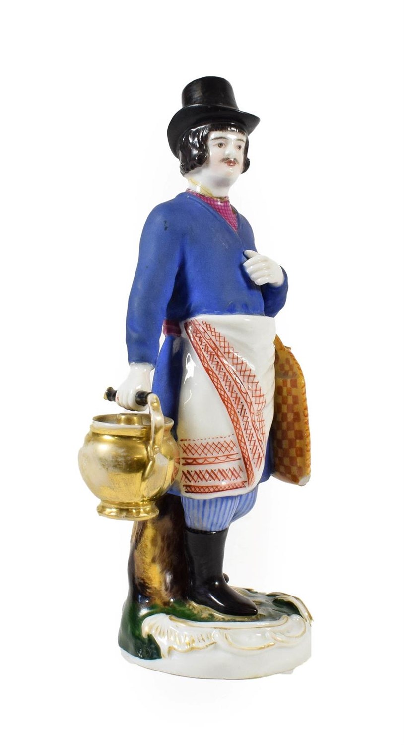 Lot 58 - A Gardner Porcelain Figure of a Sbiten Vendor, early 19th century, standing wearing a black top...