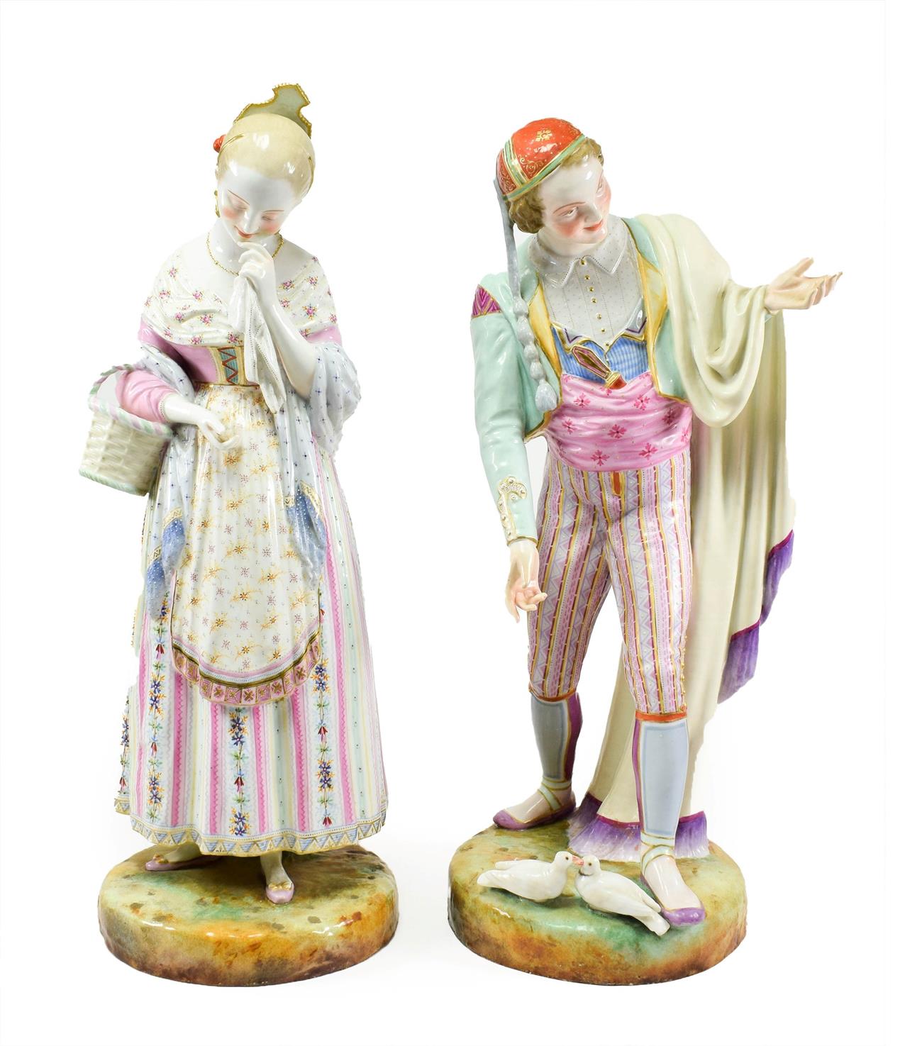 Lot 62 - A Pair of French Porcelain Figures of Lovers, 19th century, he wearing a red skull cap and...