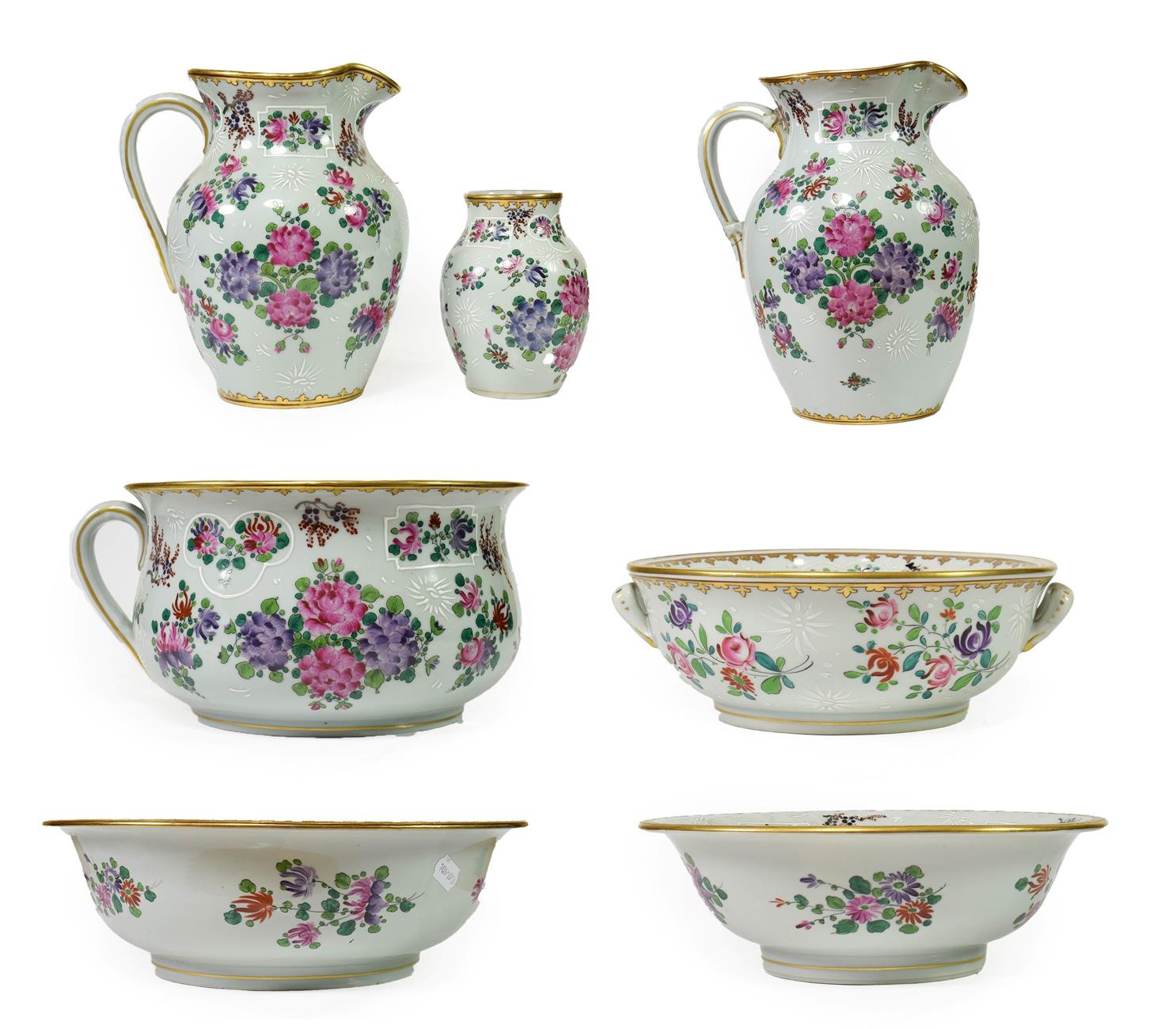 Lot 66 - ~ A Samson of Paris Porcelain Toilet Set, in Chinese Export style, painted in famille rose...