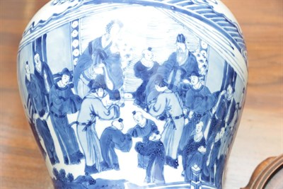 Lot 70 - A Chinese Porcelain Jar, Kangxi, of baluster form, painted in underglaze blue with dignitaries...