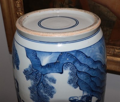 Lot 73 - A Chinese Porcelain Rouleau Vase, Kangxi, painted in underglaze blue with a musician kneeling...