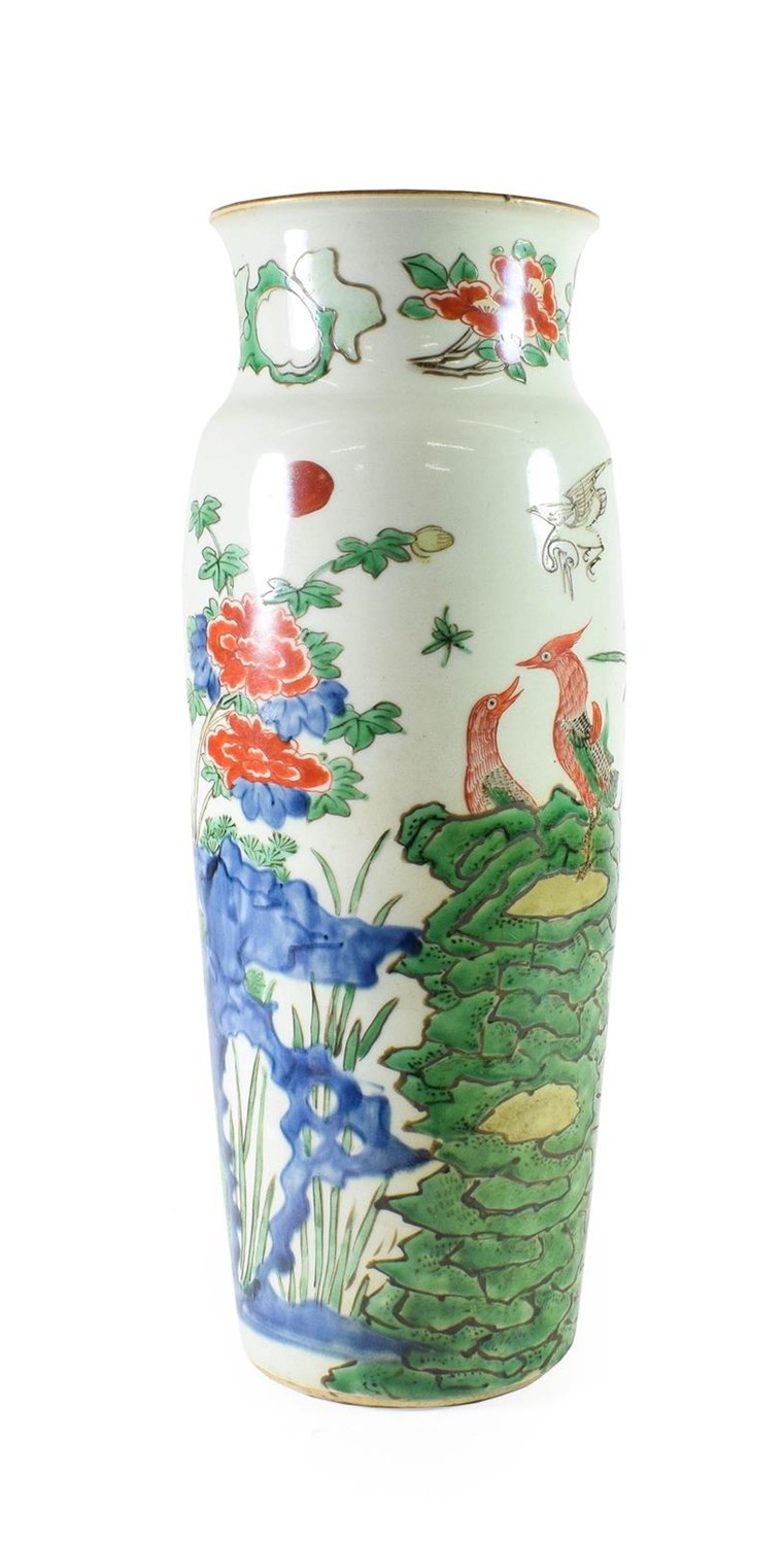 Lot 78 - A Chinese Wucai Porcelain Sleeve Vase, mid 17th century, painted in famille verte enamels with...