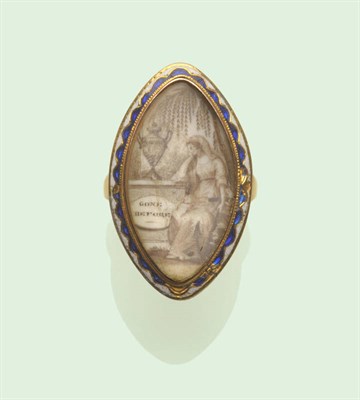 Lot 478 - A Georgian Mourning Ring, a marquise ivory panel, sepia painted to depict a forlorn widow by a...