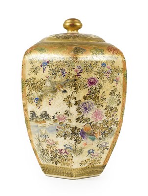 Lot 92 - A Satsuma Earthenware Jar and Cover, Meiji period, of hexagonal baluster form, painted with...