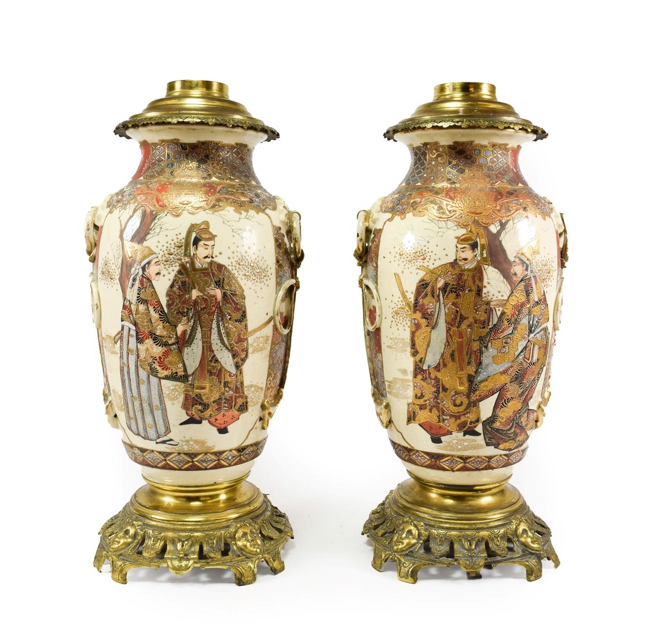 Lot 93 - A Pair of Metal Mounted Satsuma Type Earthenware Vases, early 20th century, of baluster form...