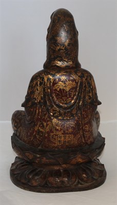 Lot 94 - A Chinese Gilt and Lacquered Wood Figure of Buddha, probably 16th century, carved seated in...