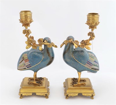 Lot 95 - A Pair of Gilt Bronze Mounted Chinese Cloisonné Enamel Figures of Quails mounted as...