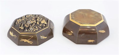Lot 111 - A Japanese Inlaid Bronze Box and Cover, Meiji period, of cushioned octagonal form, decorated...
