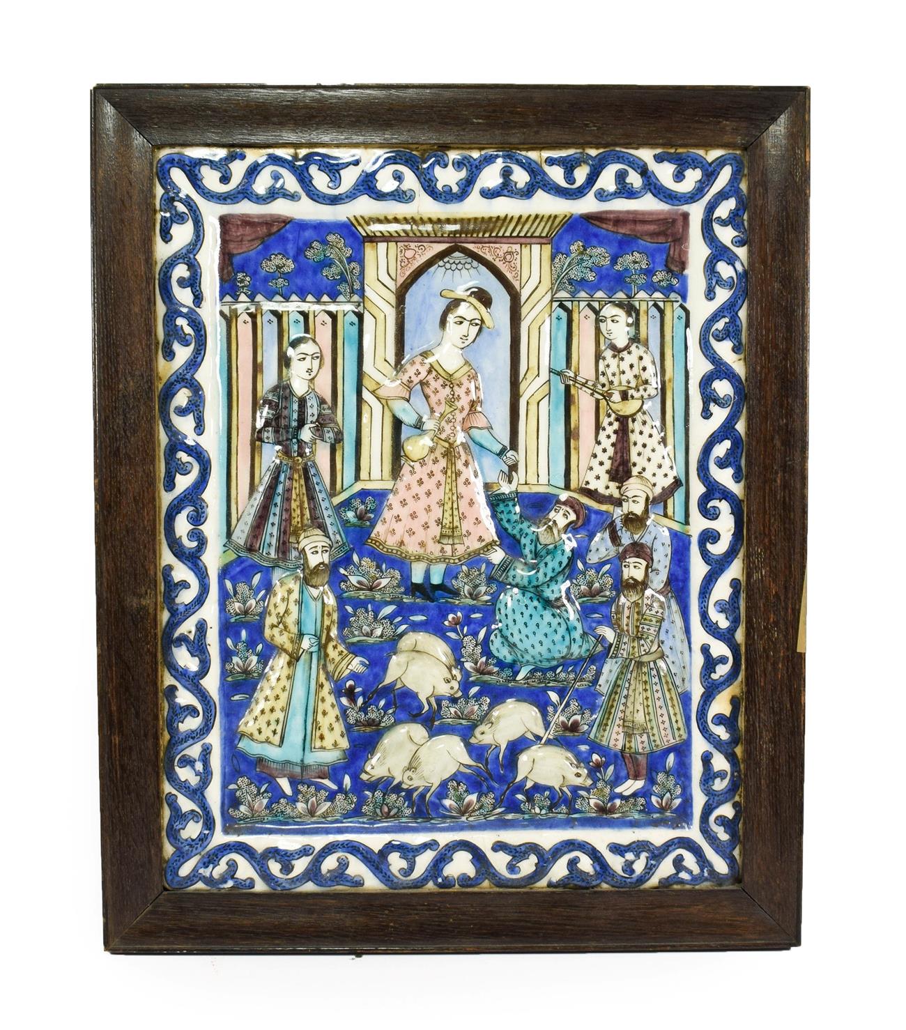 Lot 114 - A Large Qajar Pottery Tile, circa 1880, moulded and painted with Sheikh Sana'an and the...