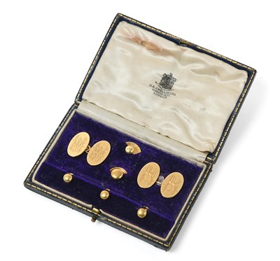 Lot 137 - ~ A Pair of 18 Carat Gold Cufflinks, the yellow chain linked oval plaques engraved with...