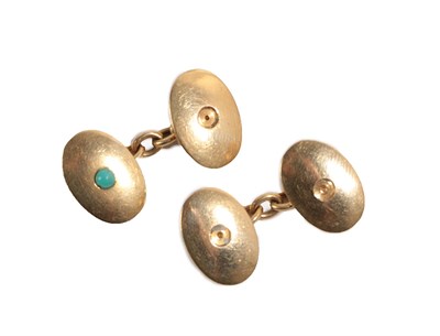 Lot 147 - ~ A Pair of Cufflinks, composed of chain linked oval plaques with a turquoise cabochon centrally to