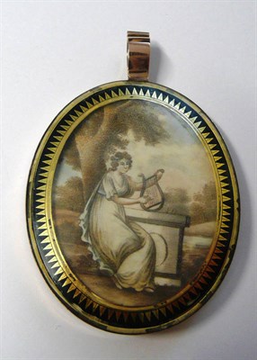 Lot 485 - A Mourning Locket, an oval panel painted to depict a maiden playing a lyre at a tomb beneath a...