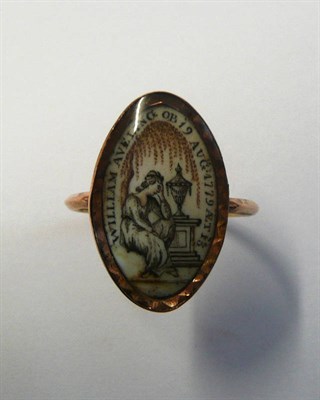 Lot 486 - A Late 18th Century Mourning Ring, the marquise ivory panel painted in sepia to depict a...