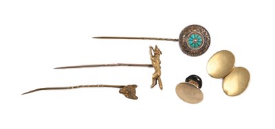 Lot 161 - ~ A Collection of Jewellery, comprising of a turquoise and split pearl stickpin, a fox mask...