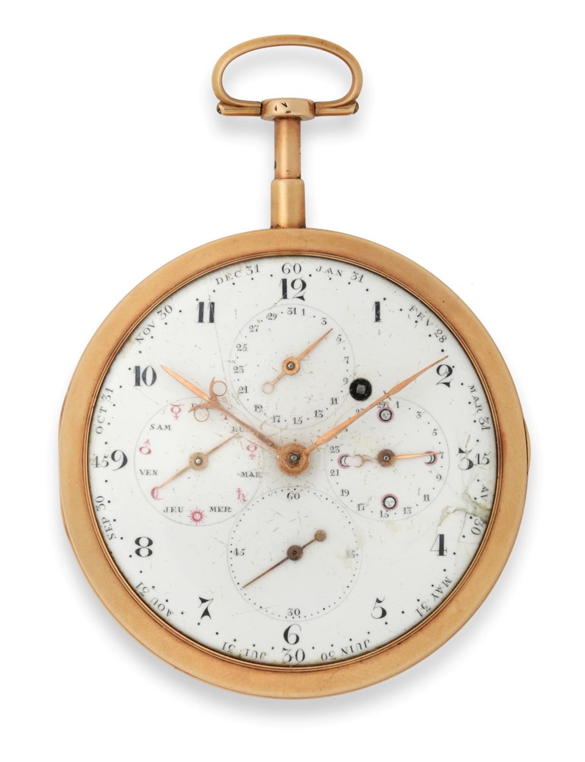 Lot 168 - ~ A Fine 18 Carat Gold Repeating Pocket Watch with Calendar and Lunar Phase Indications, signed...