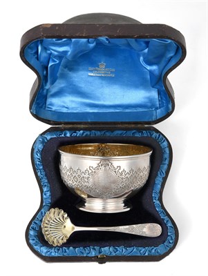 Lot 174 - ~ A Cased Victorian Silver Bowl and Sifting Spoon, by Richard Martin and Ebenezer Hall,...