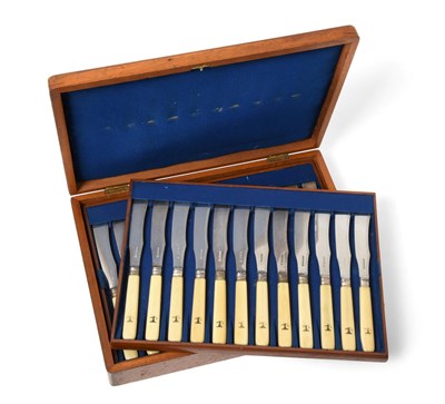 Lot 186 - ~ A Cased Set of Thirty-Six Silver Plate-Mounted Ivory Knives, by Richard Martin and Ebenezer Hall