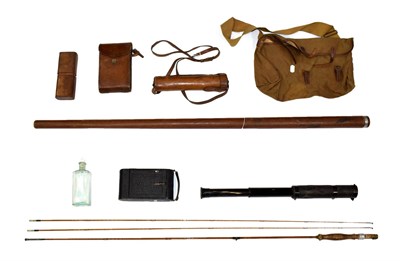 Lot 210 - ~ A Split Cane Fishing Rod, contained in a leather case stamped HWLW, 136cm long overall; A Leather