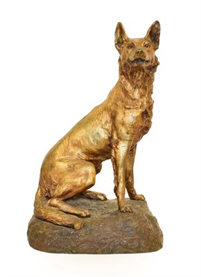 Lot 219 - René-Paul Marquet (French, 1875-1939): A Parcel Gilt Bronze Model of a Seated Alsatian, on a mound