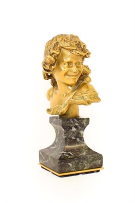 Lot 224 - Jean Antoine Injalbert (French, 1845-1933): A Gilt Bronze Bust of a Smiling Child, on a green...