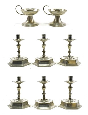Lot 239 - A Set of Six Pewter Candlesticks, in 17th century style, with circular drip pans, baluster...