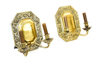 Lot 251 - A Set of Six Gilt-Brass Twin-Light Wall Appliques, of octagonal form with grape and vine relief...