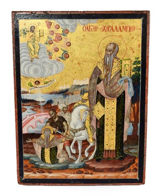 Lot 253 - An Orthodox Icon, 19th century, painted with figures and a horse in river landscape and with...