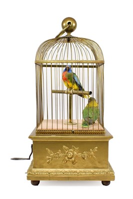 Lot 259 - A Singing Bird Automaton, early 20th century, with two birds in a gilt wirework cage, on a gold...