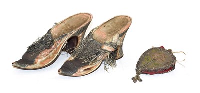 Lot 272 - ~ Pair of 18th Century Pink Silk Lady's Shoes, with silvered trim to the heel and front of the shoe