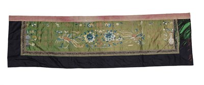 Lot 305 - A Chinese Silk Panel, 19th/early 20th century, the emerald green field with exotic birds,...