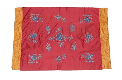 Lot 306 - A Chinese Silk Embroidered Panel, 20th century, the crimson field centred by a floral spray...