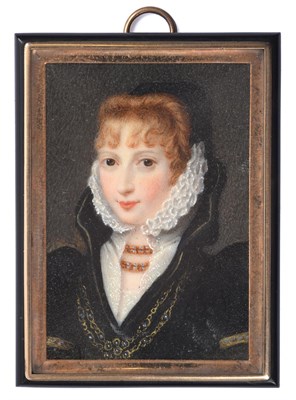 Lot 352 - ~ Manner of Nicholas Hilliard (1547-1619) Portrait of a noblewoman, head and shoulders ,wearing...