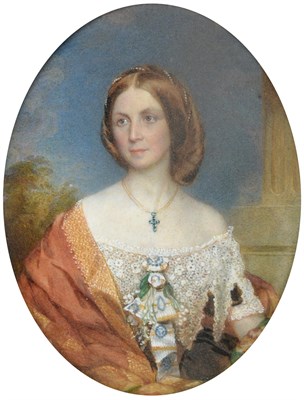 Lot 358 - ~ British School (19th Century) Portrait of a lady half length, wearing strings of pearls to...