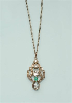 Lot 508 - An Art Deco Diamond, Emerald and Half Pearl Pendant, converted from a brooch, set with an old...