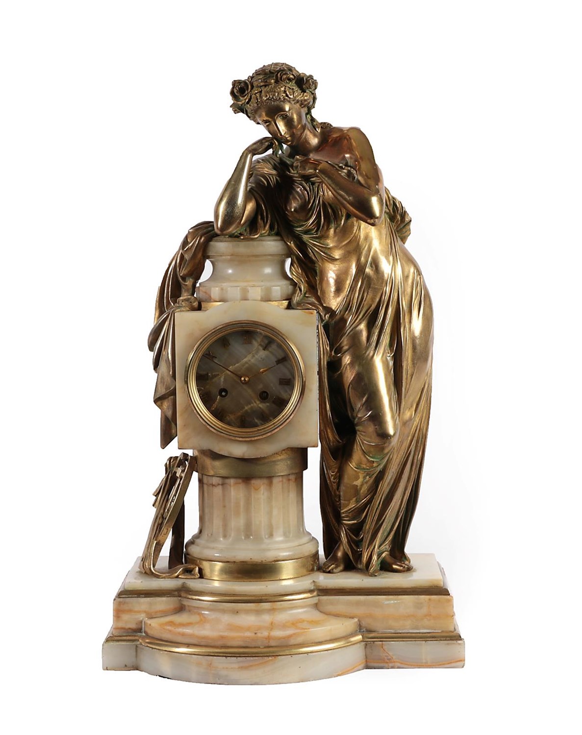 Lot 406 - A Figural Gilt Bronze and Marble Striking Mantel Clock, circa 1870, depicting a gilt bronze lady in